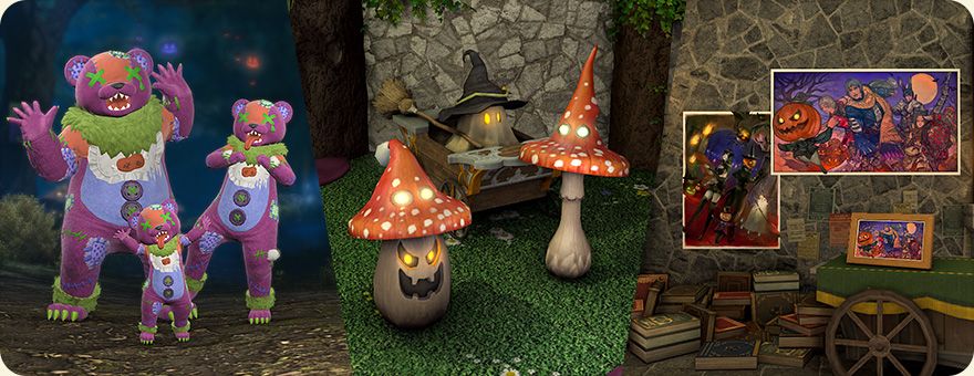 All Saints Wake 2026 reward preview showing colorful bear armor and Halloween furnishings in Final Fantasy XIV.