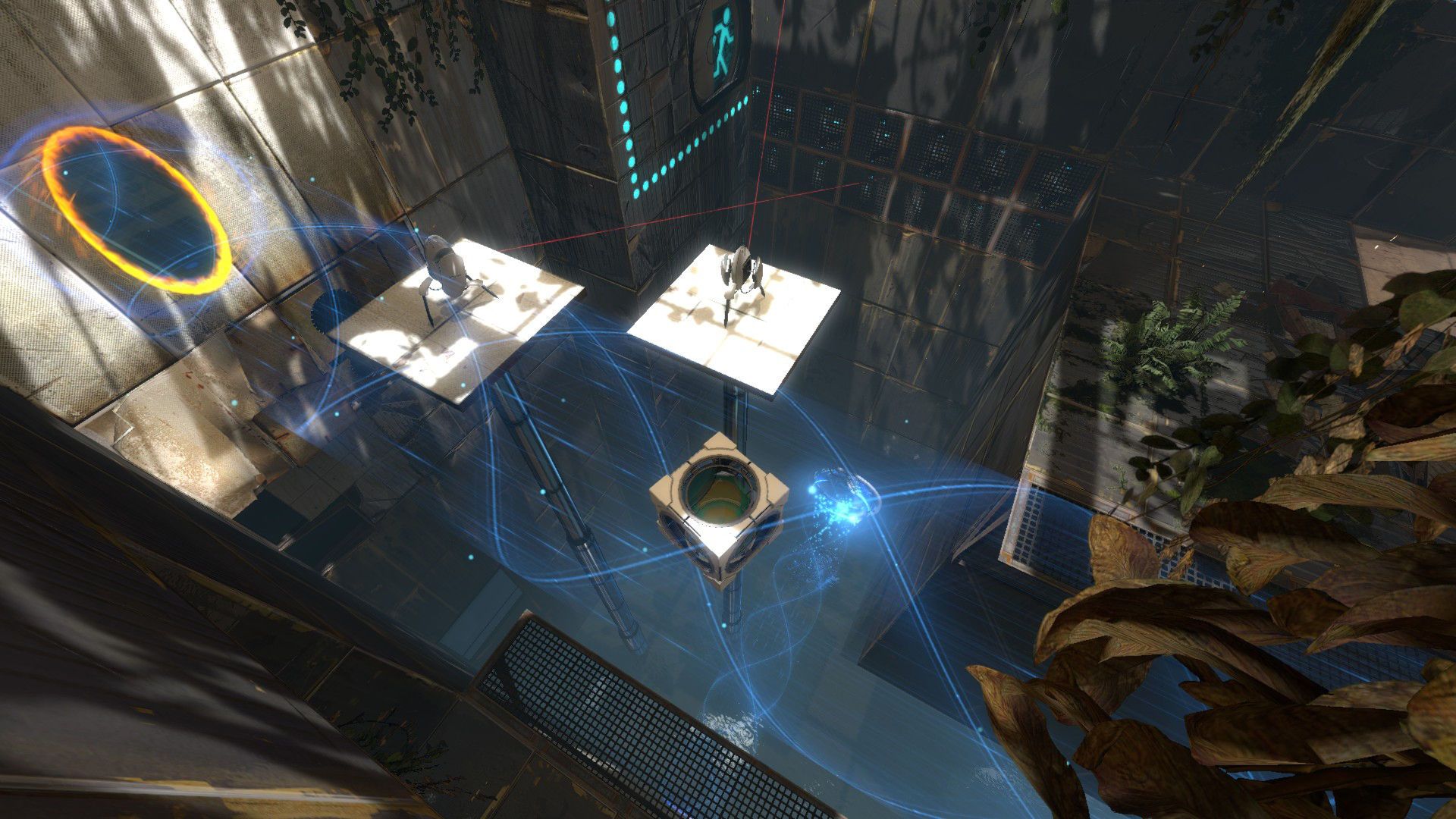 A cube suspended in a blue Excursion Funnel crossing a Portal 2 chamber