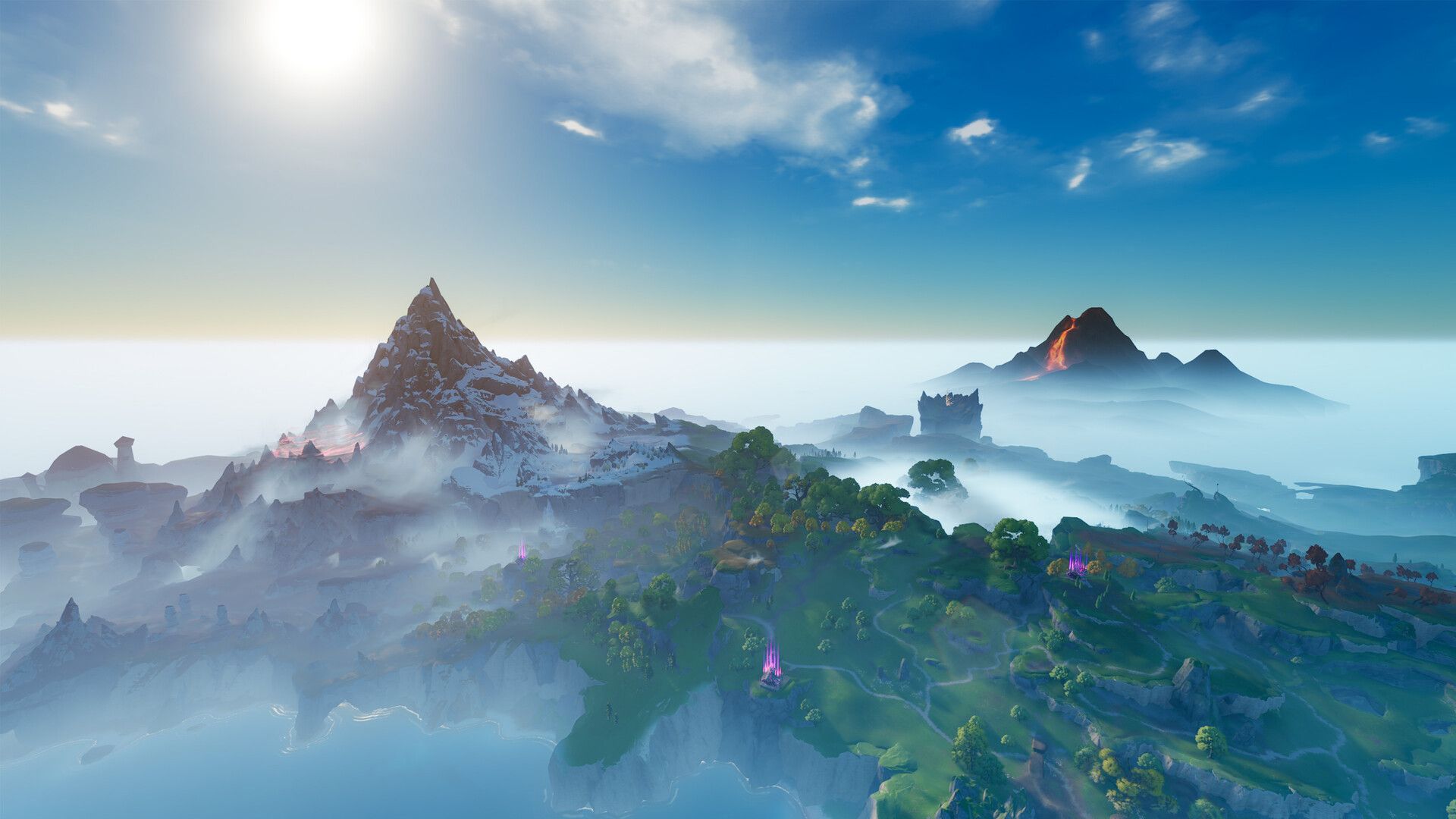 Official Aniimo panorama showing forested cliffs, a snowy peak and a distant volcano.