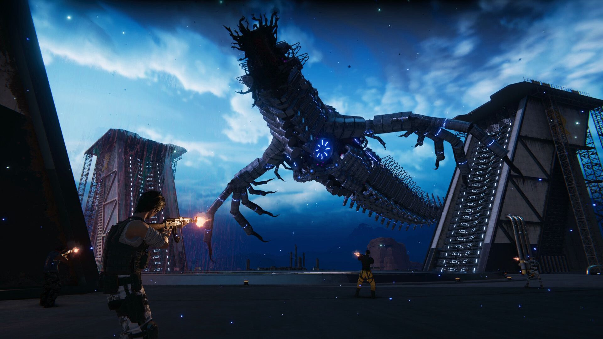 A squad fights a large flying creature among ruined towers in an official Once Human screenshot.