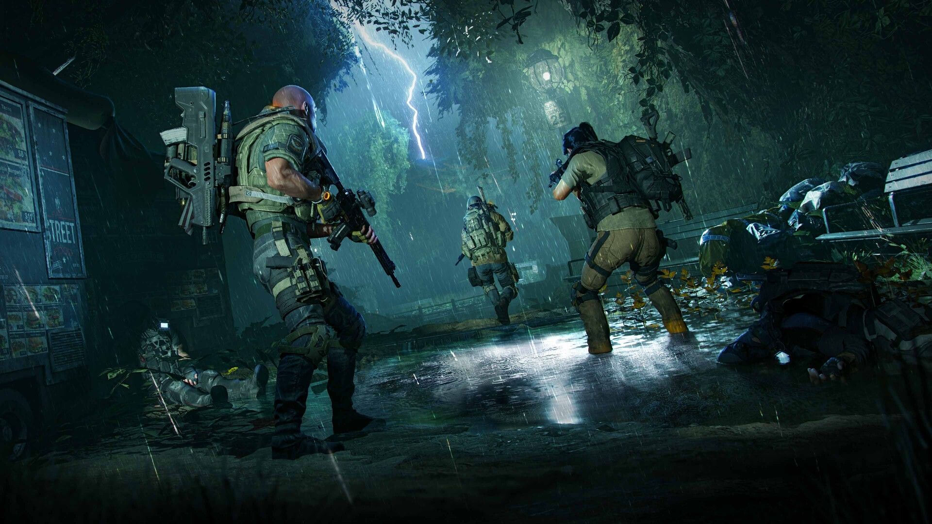 Three Division agents advance along an overgrown street in heavy rain and lightning