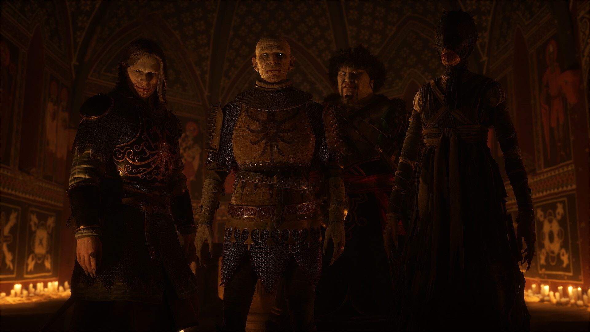 Four members of the vampire Court face forward in a candlelit chamber