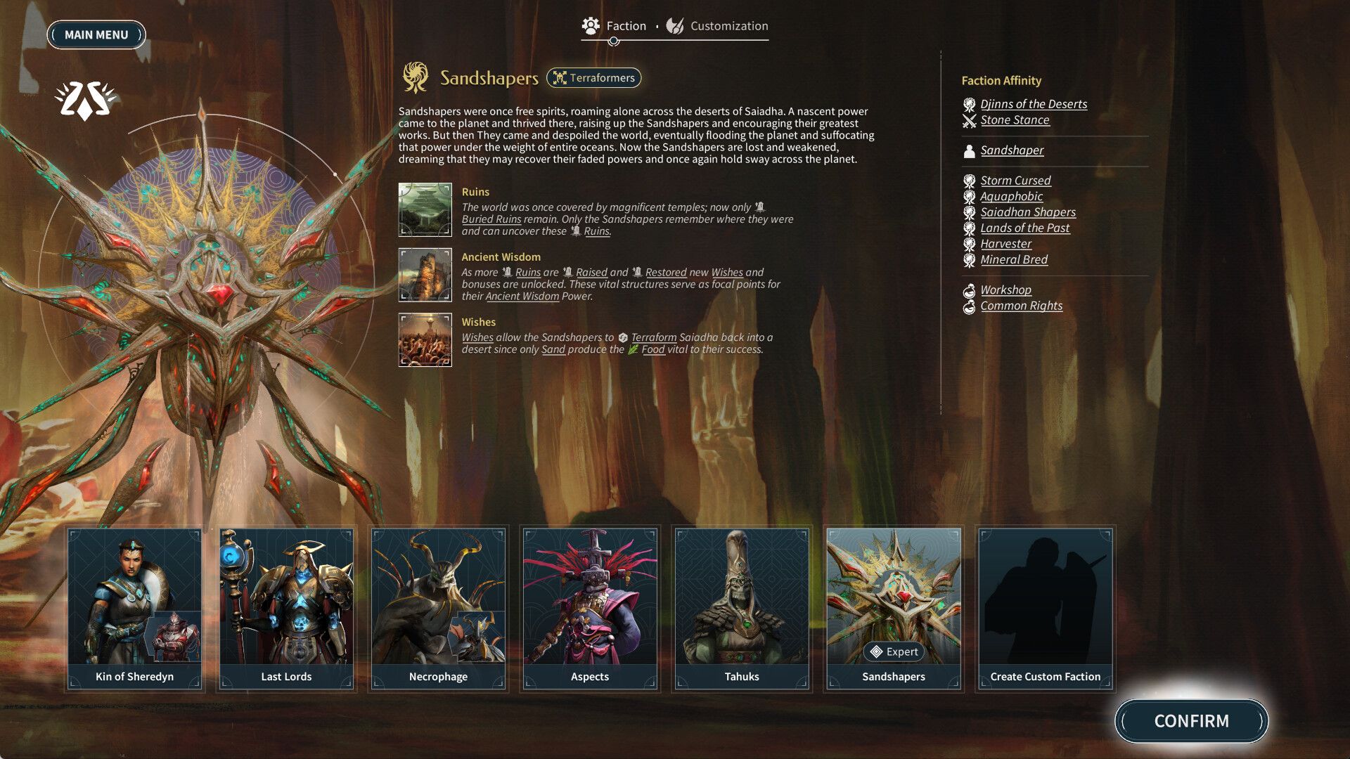 The Sandshapers faction selection screen in Endless Legend 2