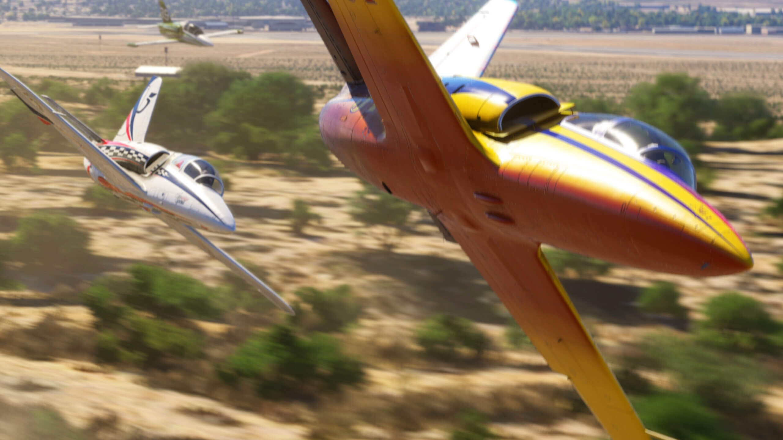 Jet racing aircraft turn close to the ground in Flight Simulator 2024.