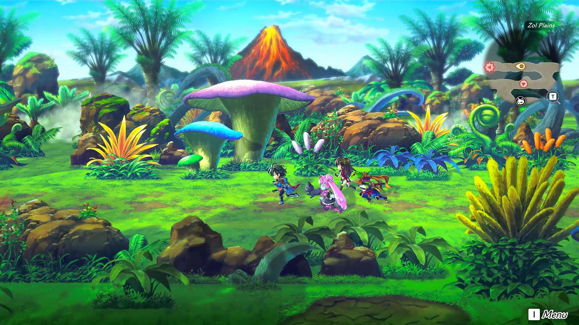 Official Another Eden Begins screenshot showing party members in a JRPG scene.