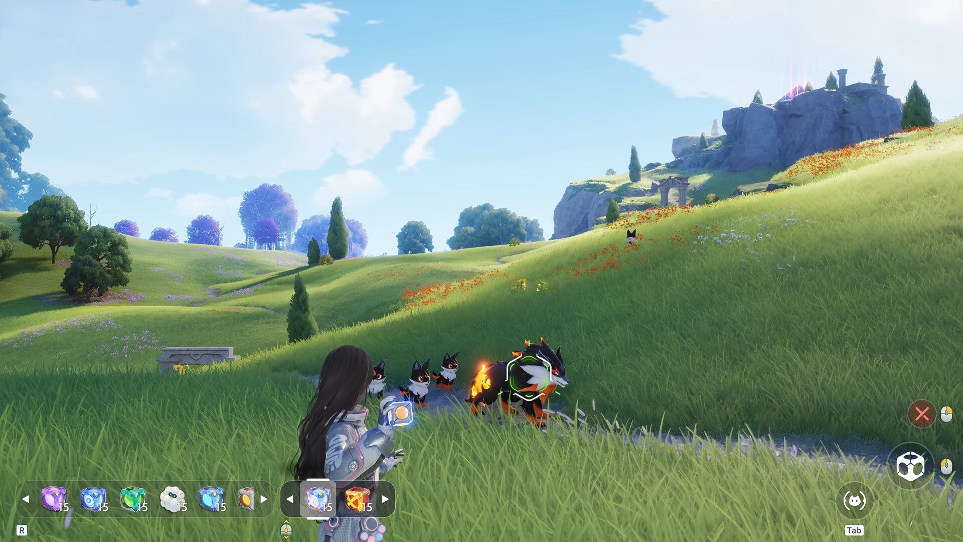 A Pathfinder exploring with Aniimo in the open world.
