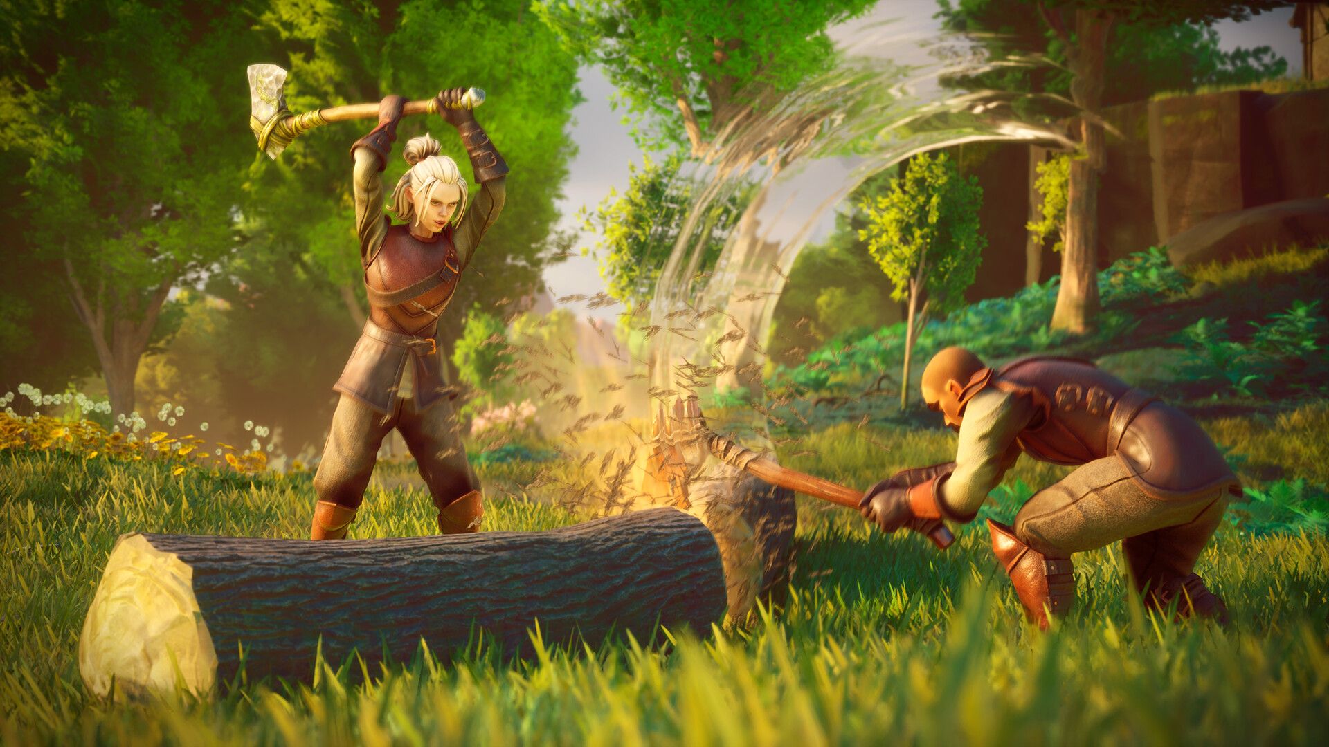 Two RuneScape: Dragonwilds players gathering timber in a forest.