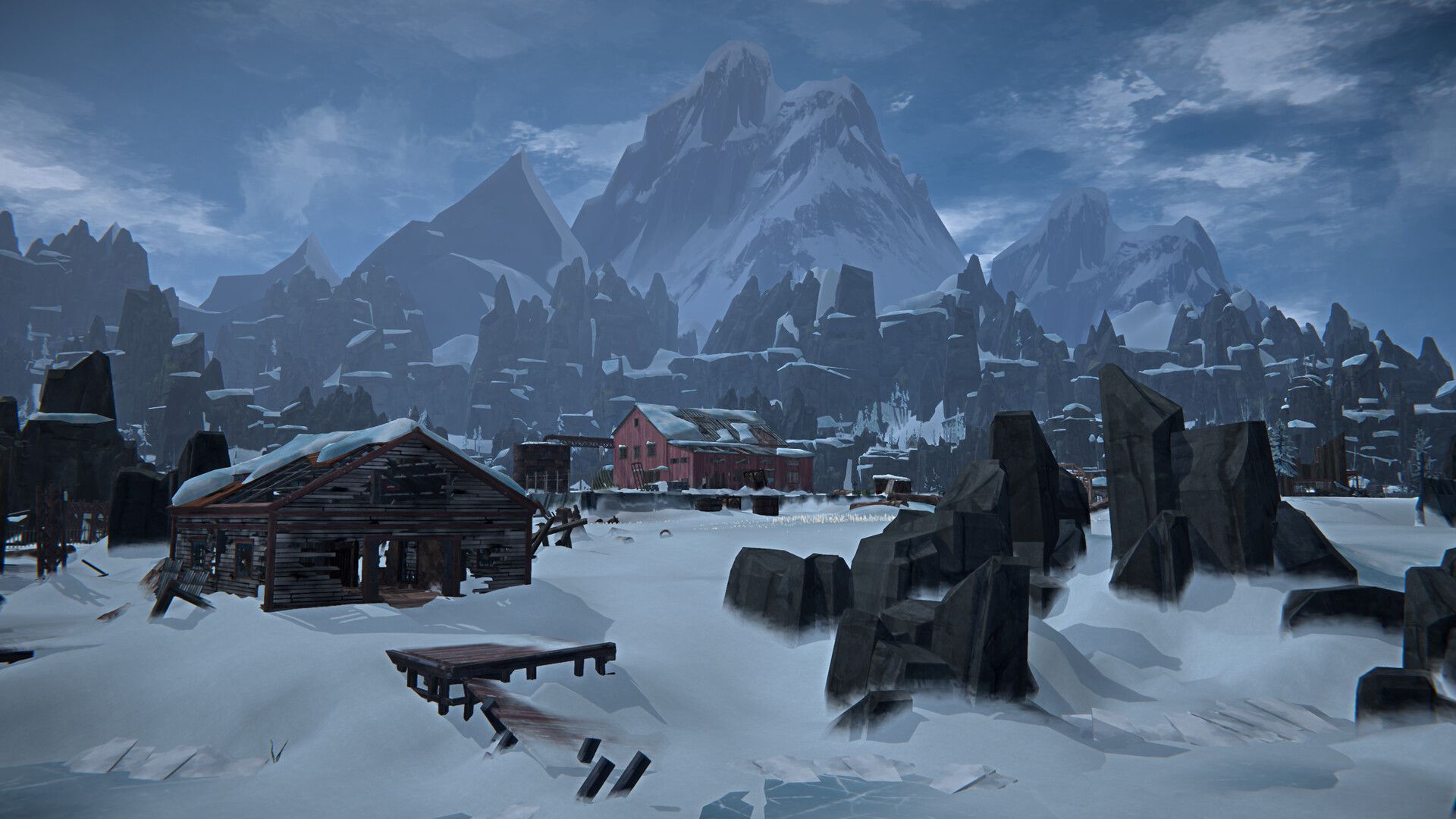 Snow-covered buildings and rocky mountains in The Long Dark: Iron Road.