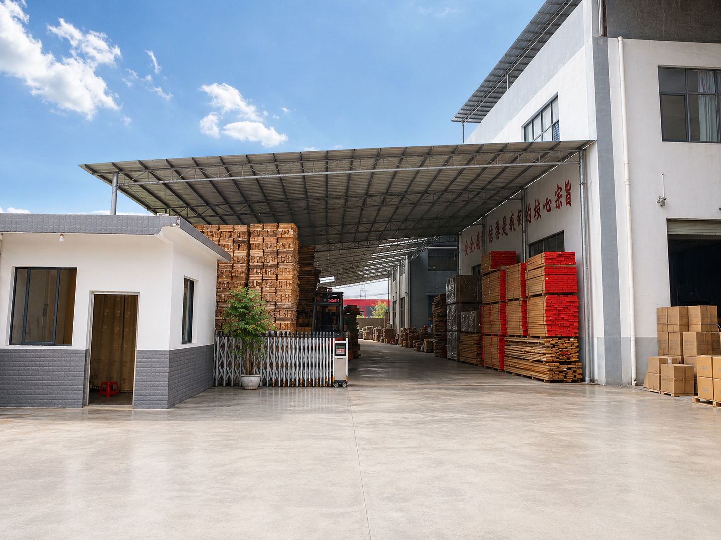 VNEW hanger factory exterior and timber storage