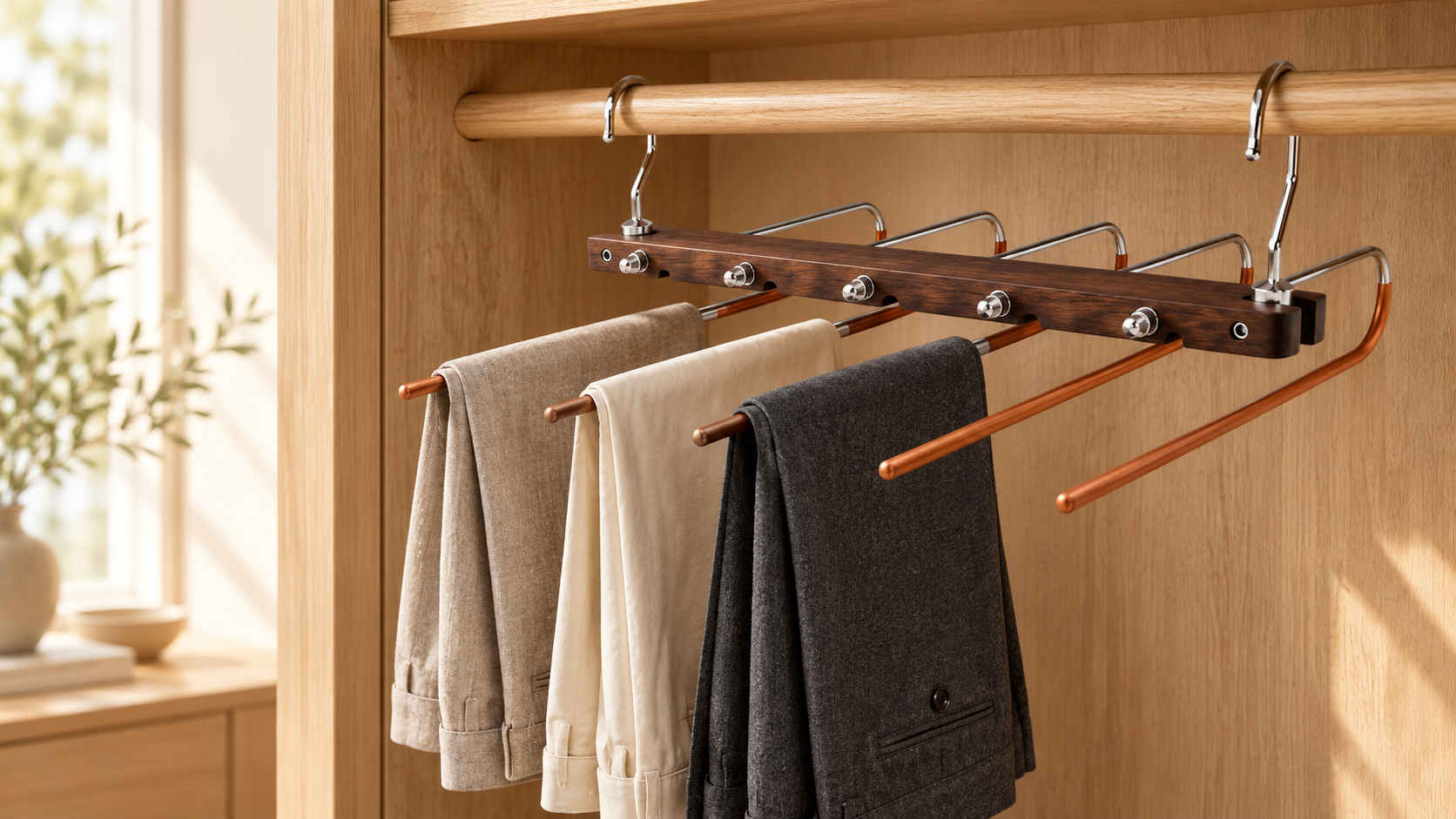 Illustration of a five-bar trouser organiser suspended by two hooks, with three pairs of trousers and two empty bars.