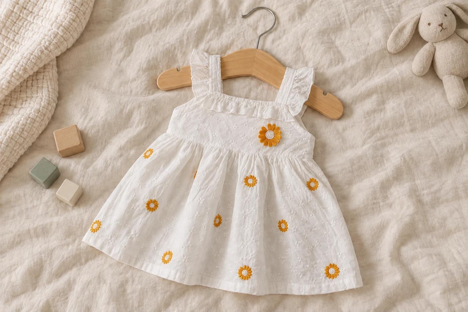 Support en bois portant une robe blanche à marguerites sur du lin beige, avec un lapin en tissu et des cubes en bois