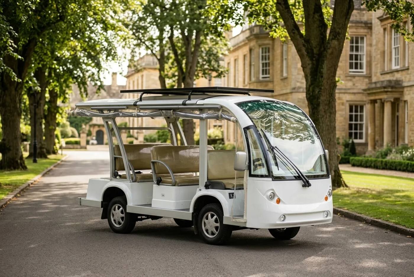 White eight seat electric shuttle buggy parked on a tree-lined avenue at a resort and campus setting