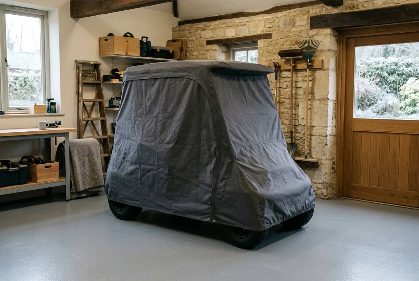 Electric golf buggy parked under a fitted cover in a clean dry garage for winter storage