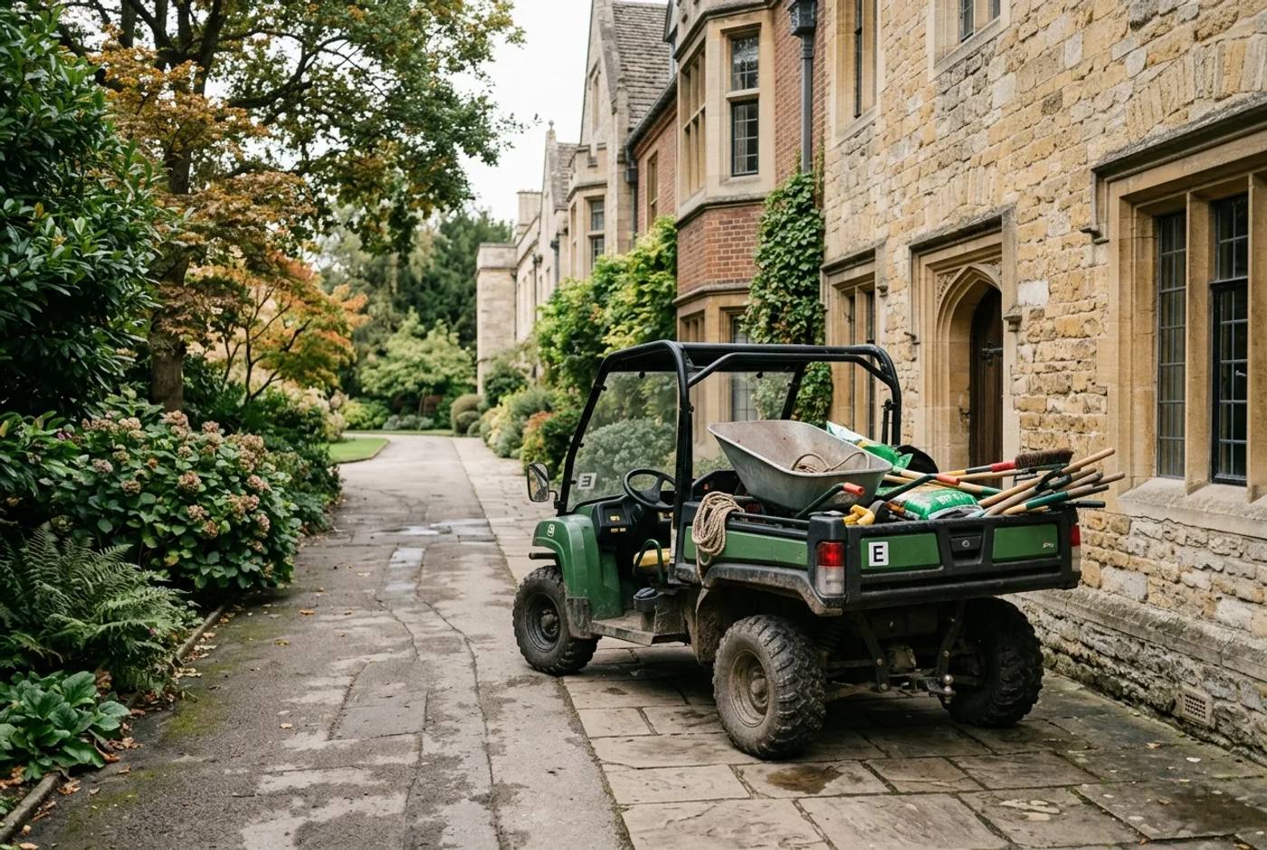 Electric utility buggy parked beside a campus building with tools and kit loaded in the rear bed