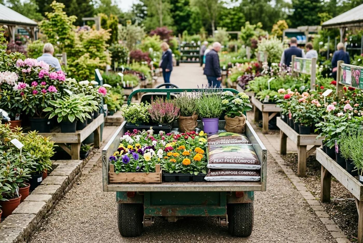 Electric utility buggy with an open cargo bed carrying trays of bedding plants and bagged compost through a garden centre
