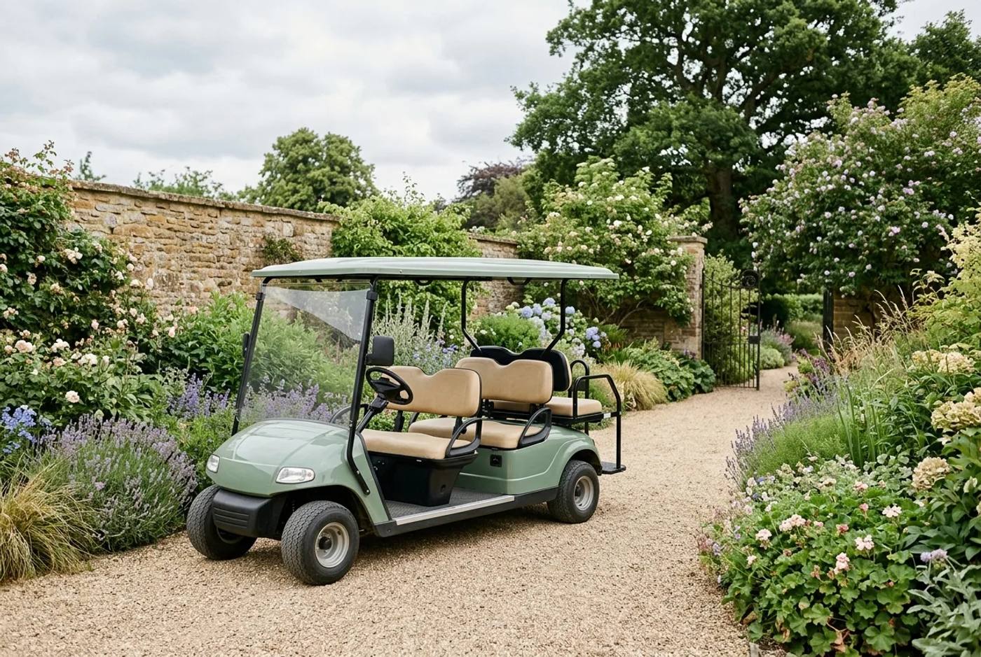 Accessible electric visitor buggy collecting an older visitor on a gravel path in the grounds of a historic estate