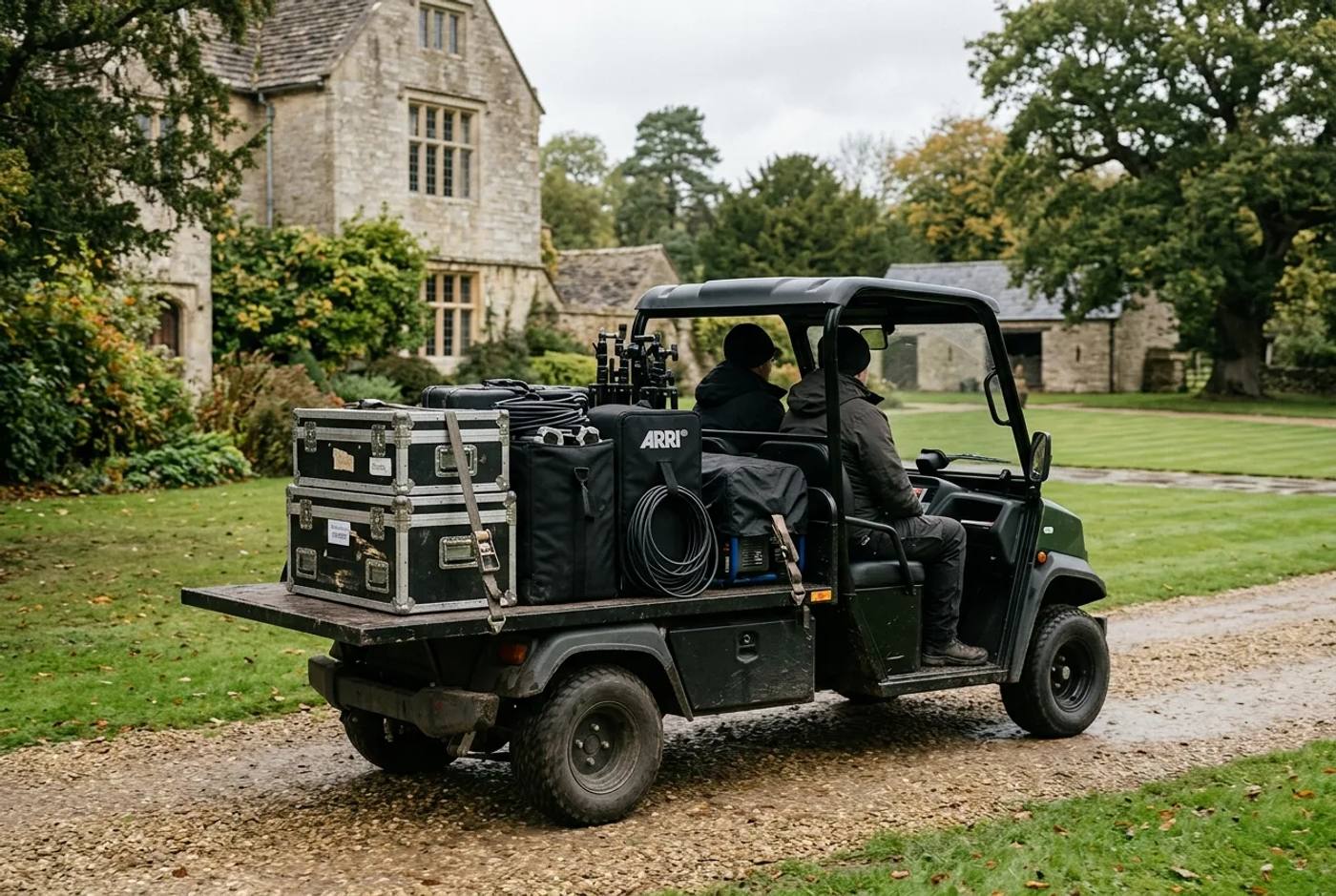 Electric utility buggy loaded with black flight cases and lighting equipment on a film location
