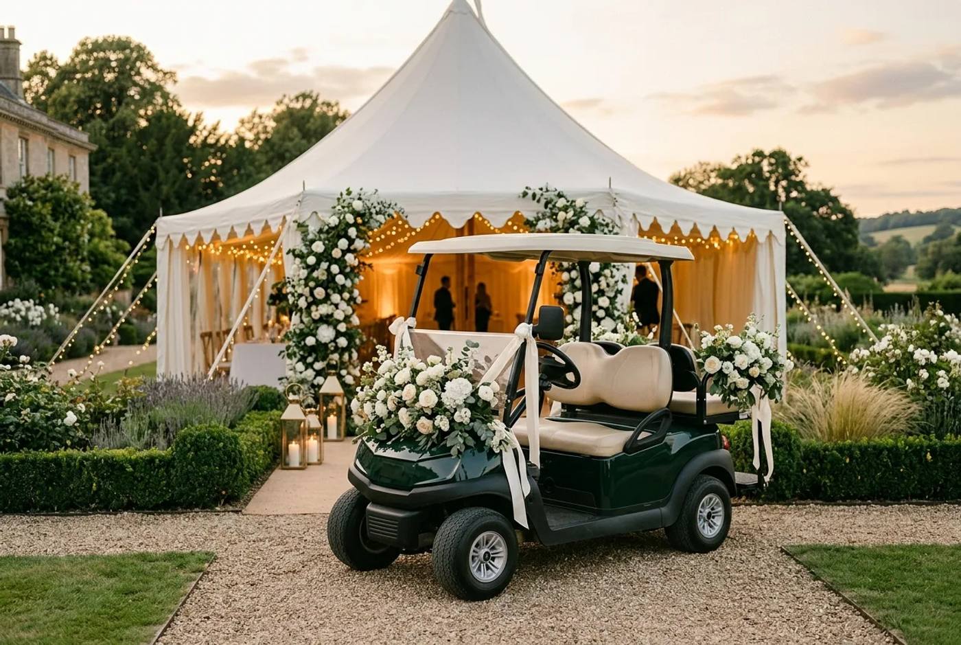 Elegant electric buggy dressed with white florals and ribbon parked at the entrance of a wedding marquee in soft evening light