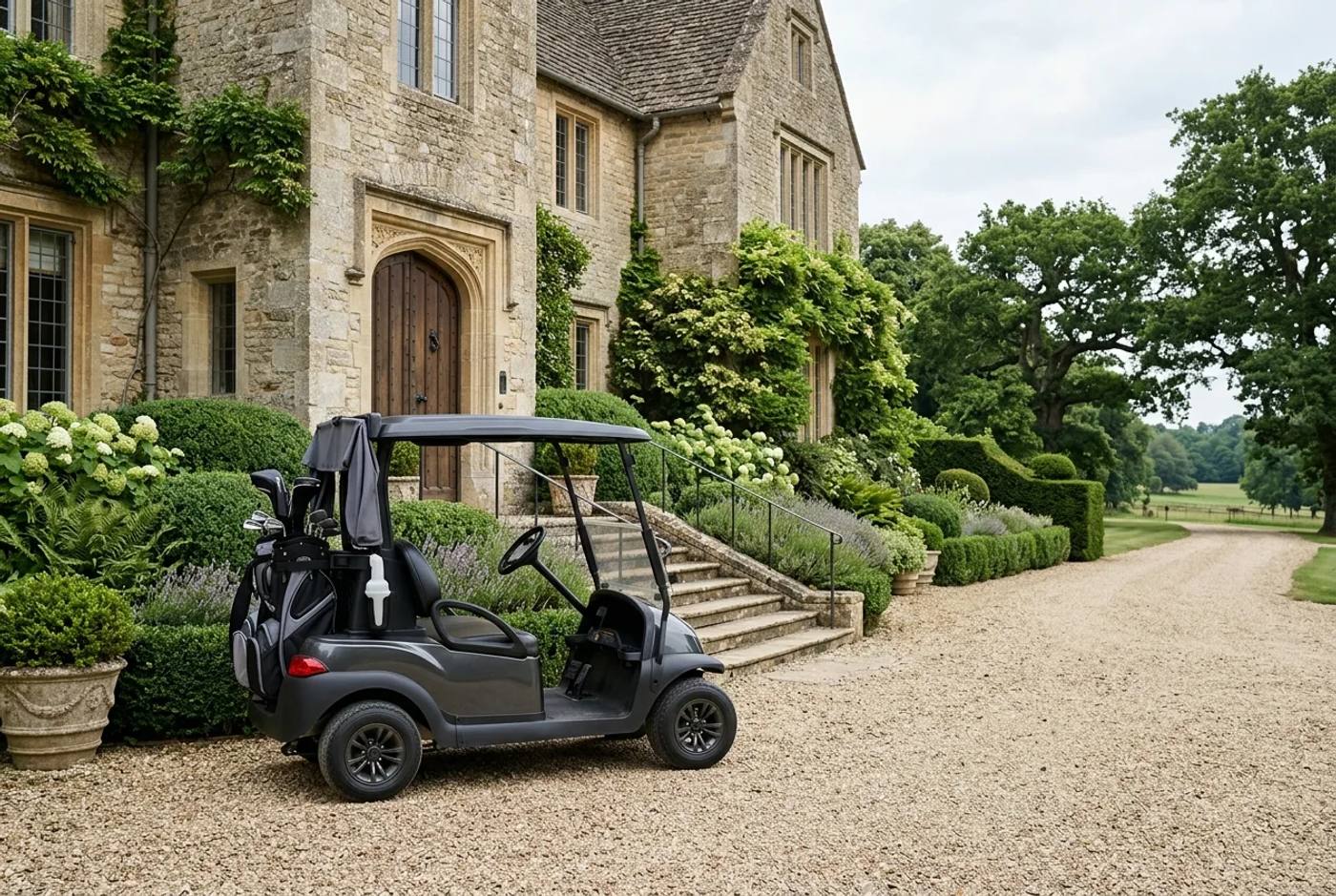 Premium electric golf buggy parked outside a country house entrance in soft light, conveying a refined, worth-it impression