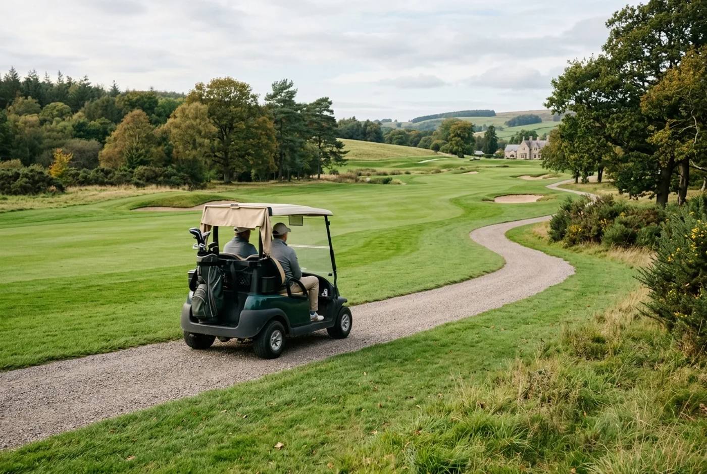 Electric golf buggy moving steadily along a path on a UK golf course in soft daylight