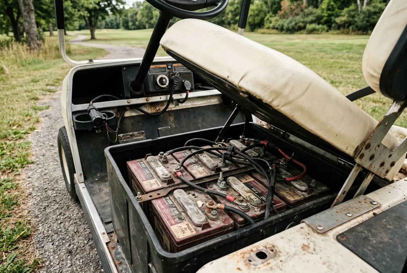 Lifted seat of an electric golf cart showing the battery pack during an inspection