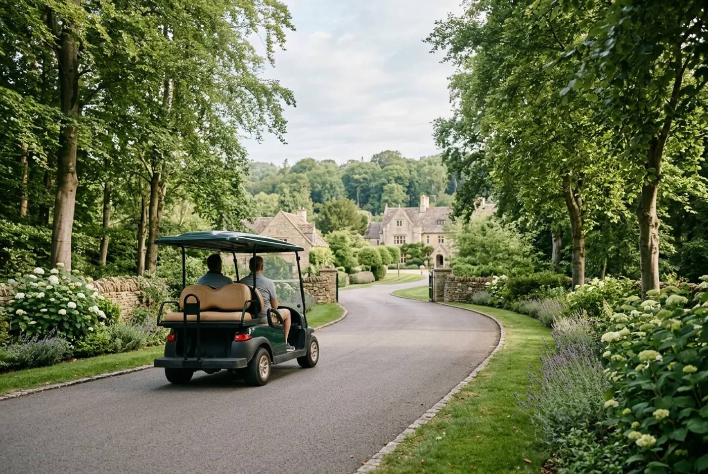 Four passenger electric golf cart on a tree-lined resort path in soft morning light