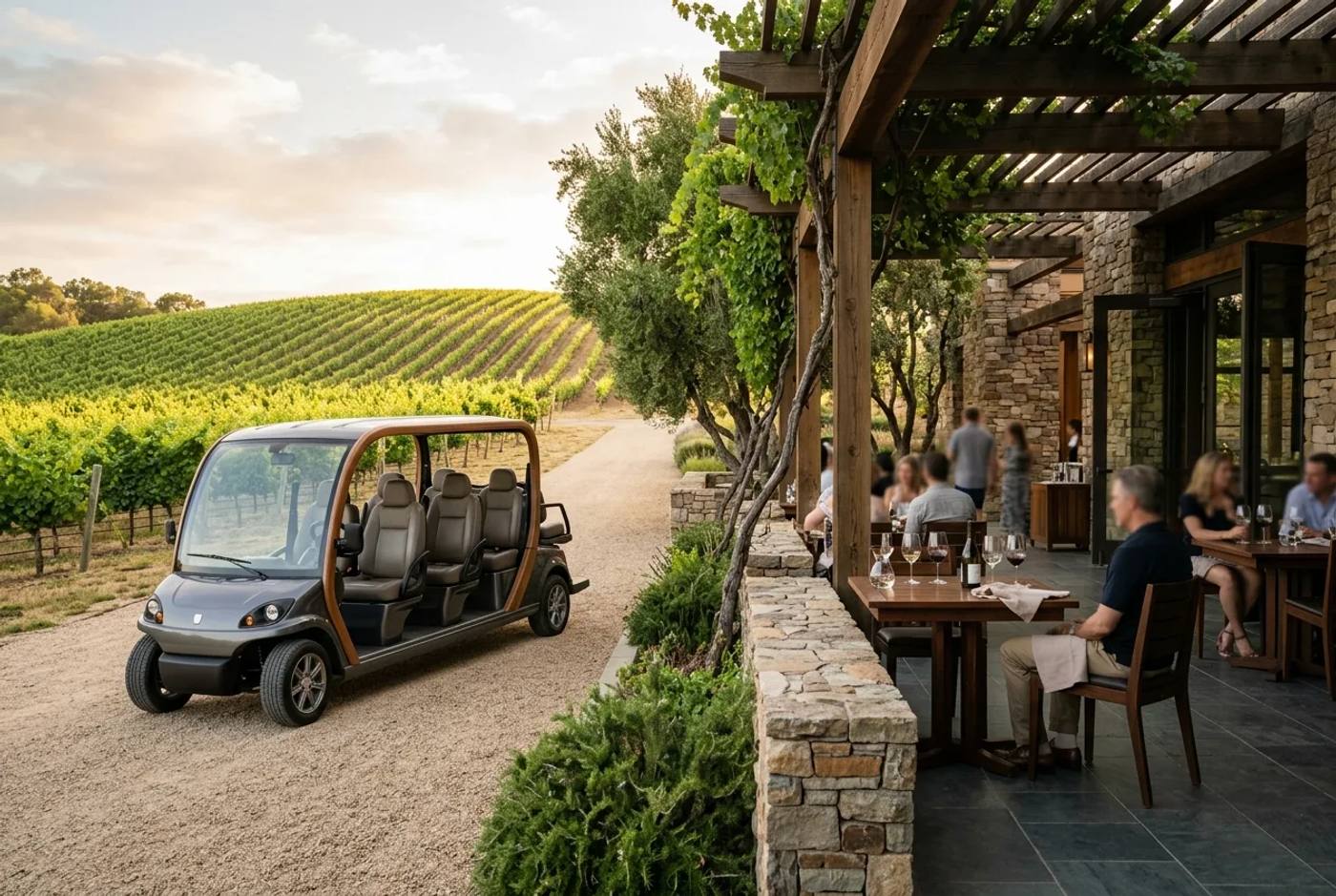 Electric buggy carrying visitors on a winery tour, parked beside a tasting terrace with vineyard rows behind in soft afternoon light