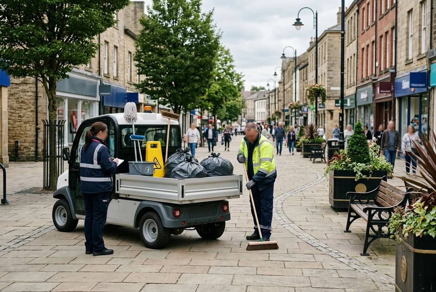 Branded electric buggy supporting an ambassador and cleaning crew on a pedestrianised British high street