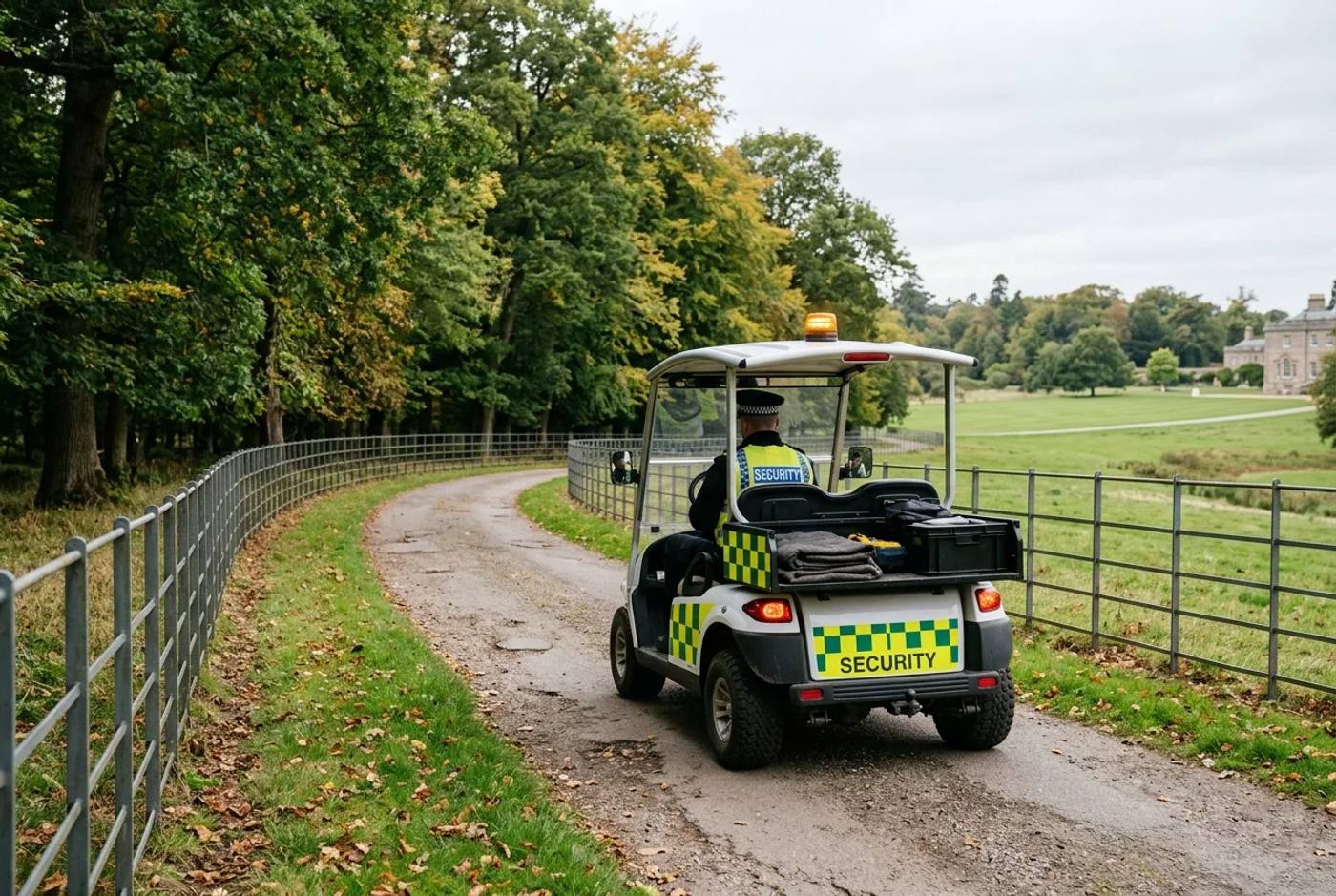 Security-liveried electric buggy patrolling a perimeter path on a large campus estate