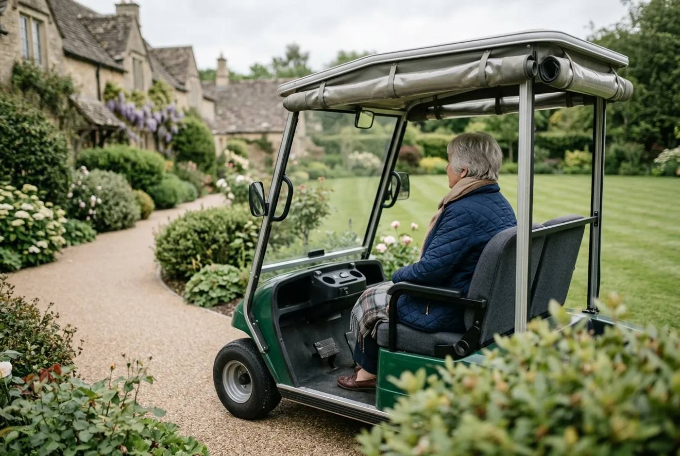 An electric buggy with a low step-free entry on a calm retirement village path, set up for easy, dignified resident access
