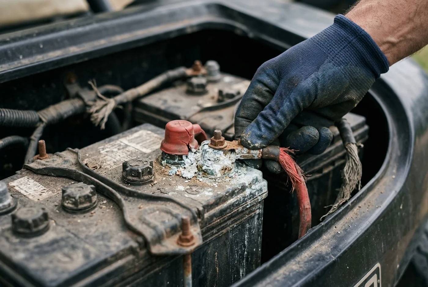 Hands checking a worn lead-acid golf buggy battery with corrosion visible on the terminals