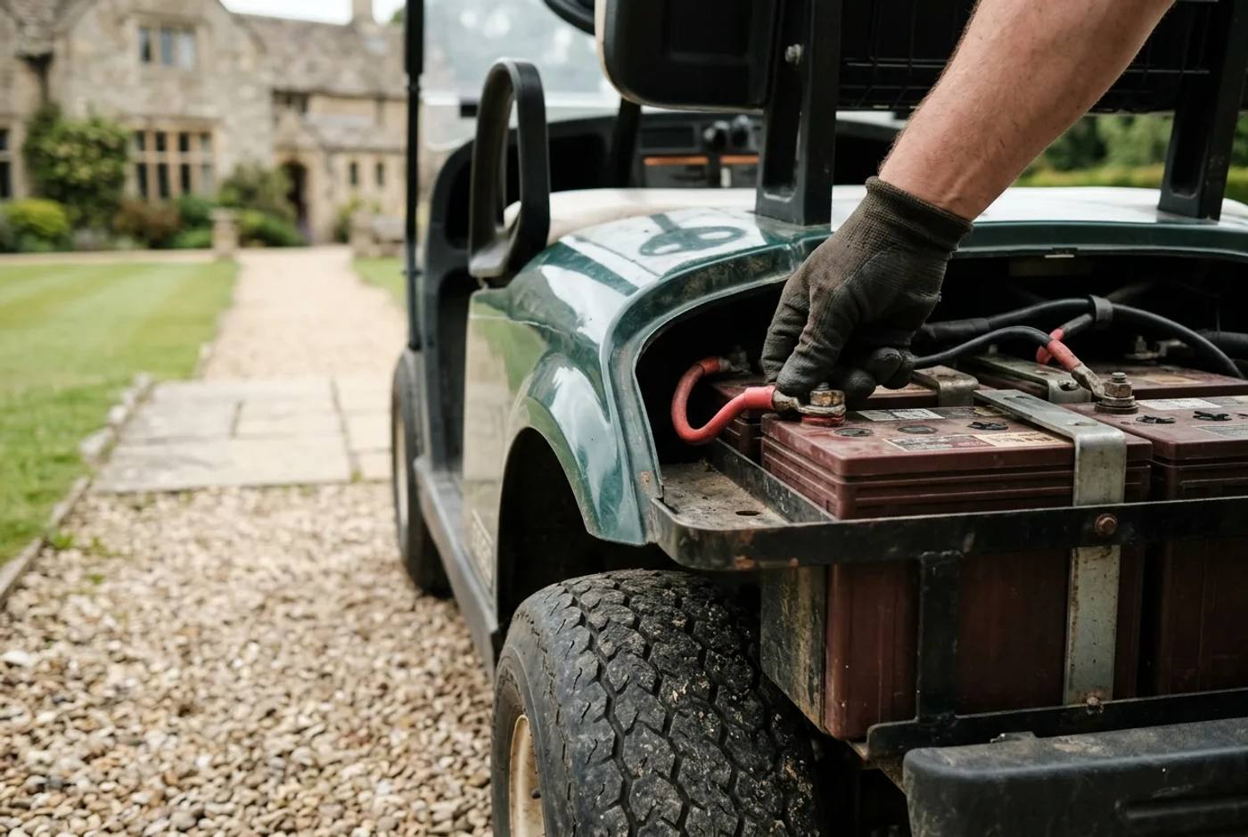Close detail of a hand checking an electric golf buggy battery terminal and tyre during a routine inspection