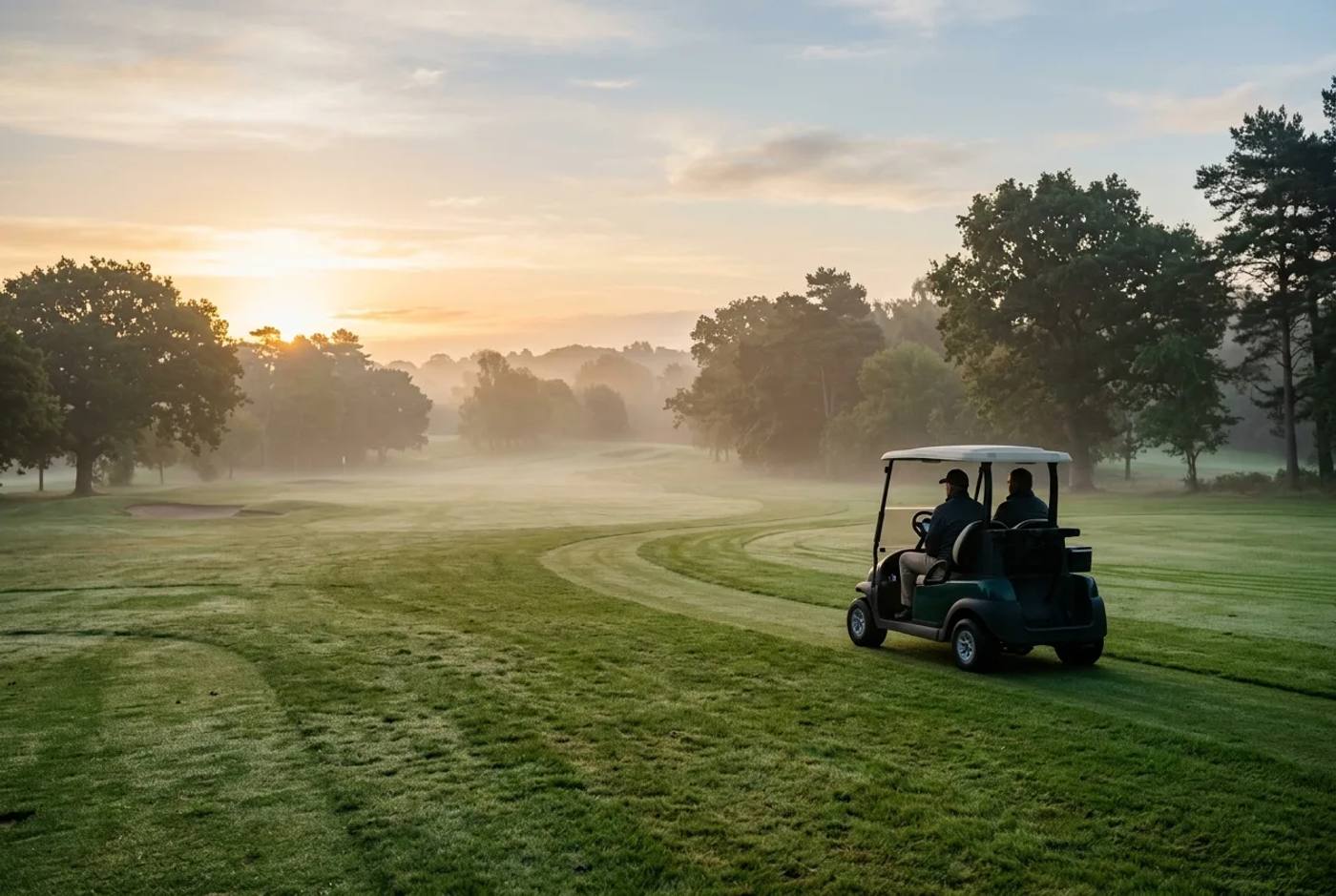 Electric golf buggy on a quiet golf course fairway at dawn, illustrating near-silent early-morning operation