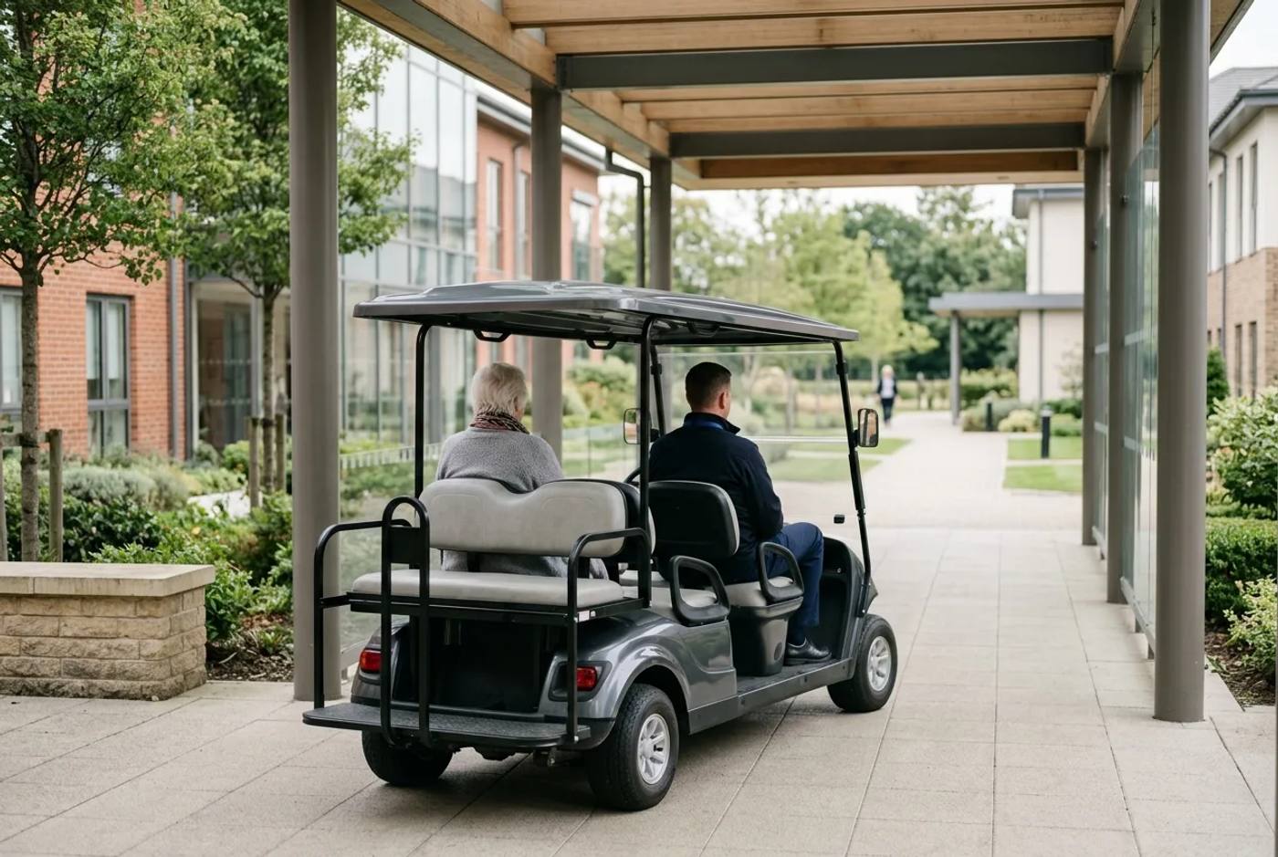 An electric buggy carrying a seated passenger along a covered walkway between hospital buildings, calm and unhurried