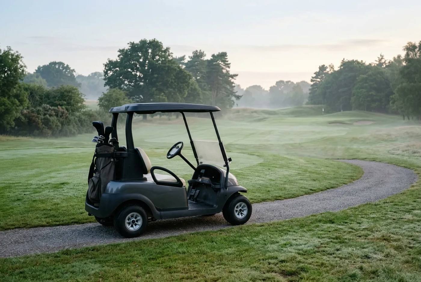 Single electric golf buggy parked beside a fairway at dawn with mist on the course