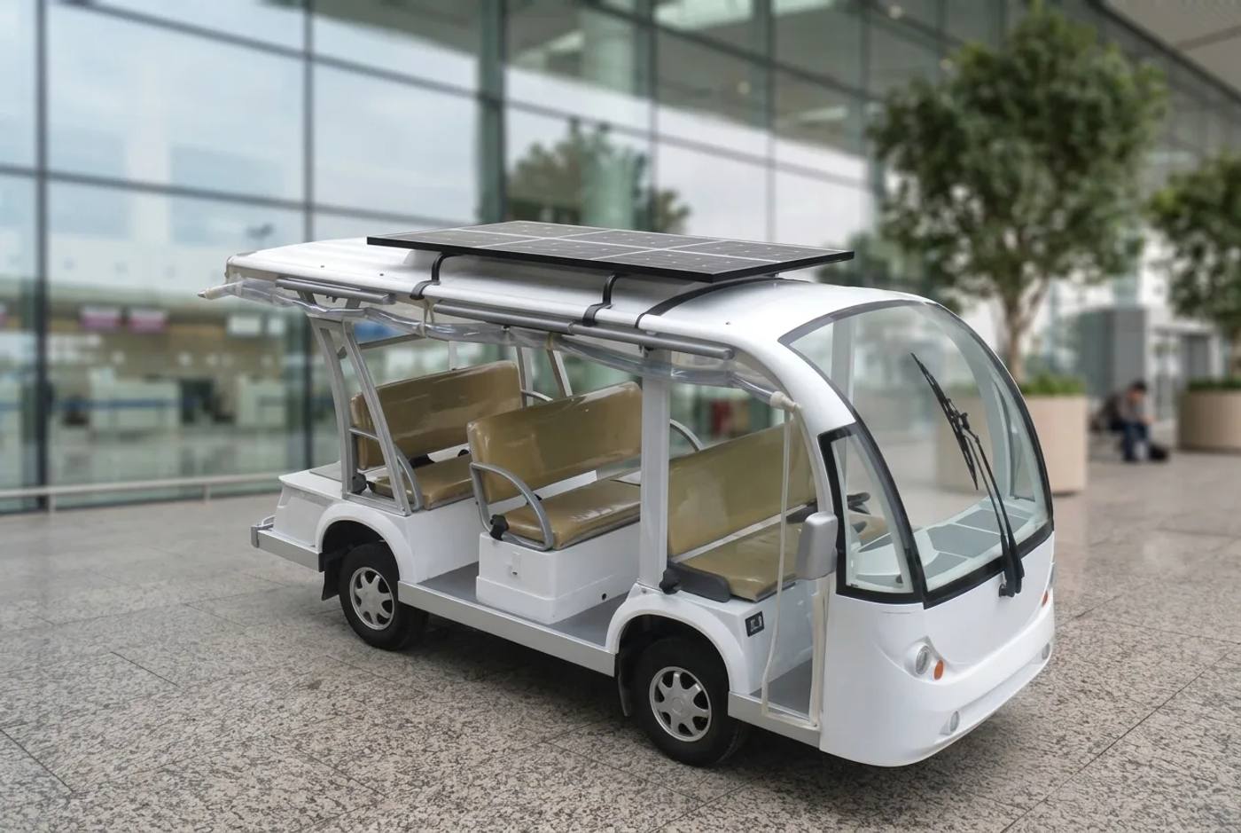 White eight seat electric shuttle buggy parked outside an airport terminal forecourt in soft daylight