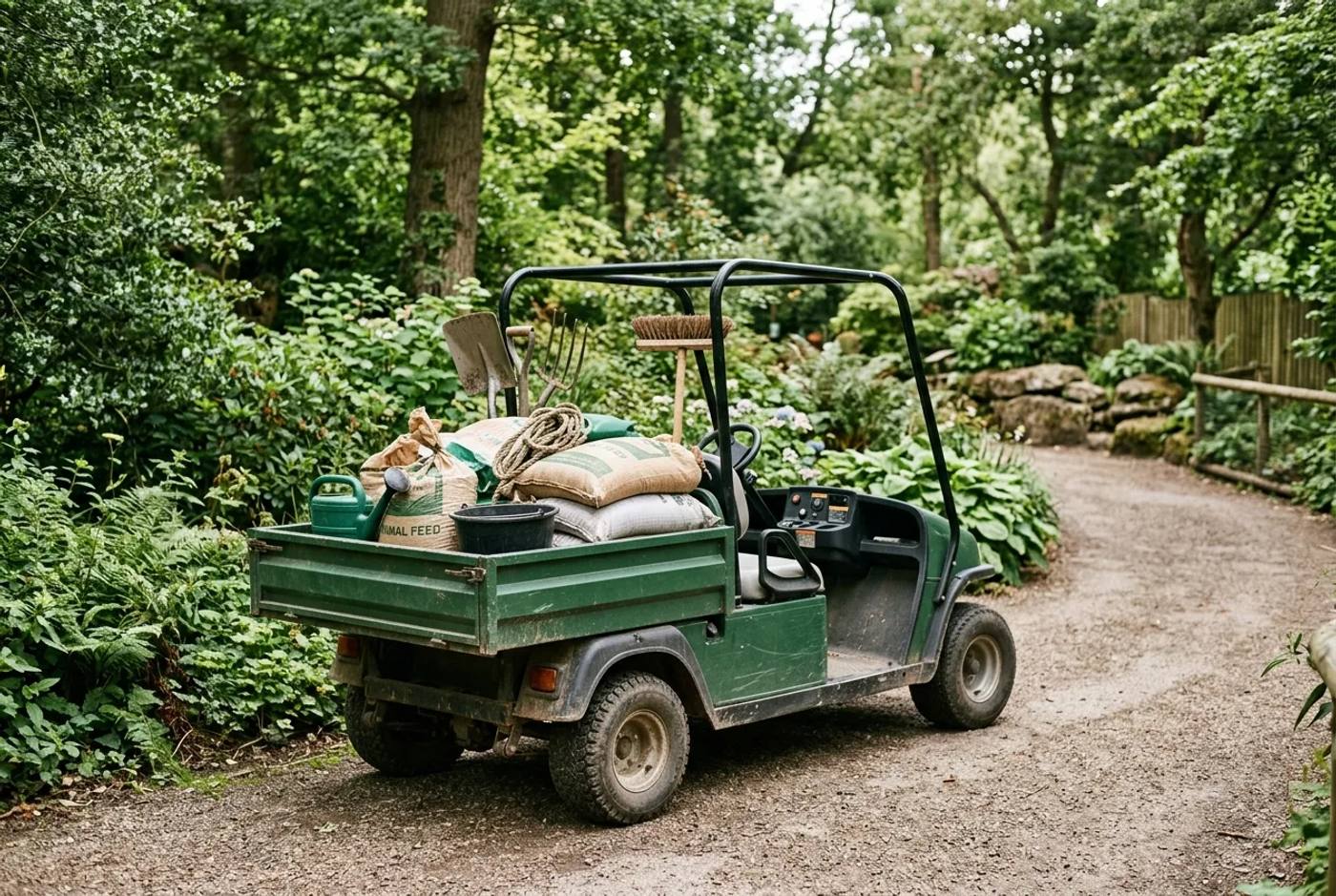 Electric utility buggy loaded with feed sacks and keeper tools on a path surrounded by greenery at a zoo