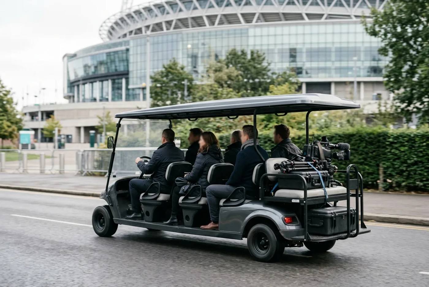 Electric buggy carrying VIP and media passengers along a stadium perimeter road on an event day