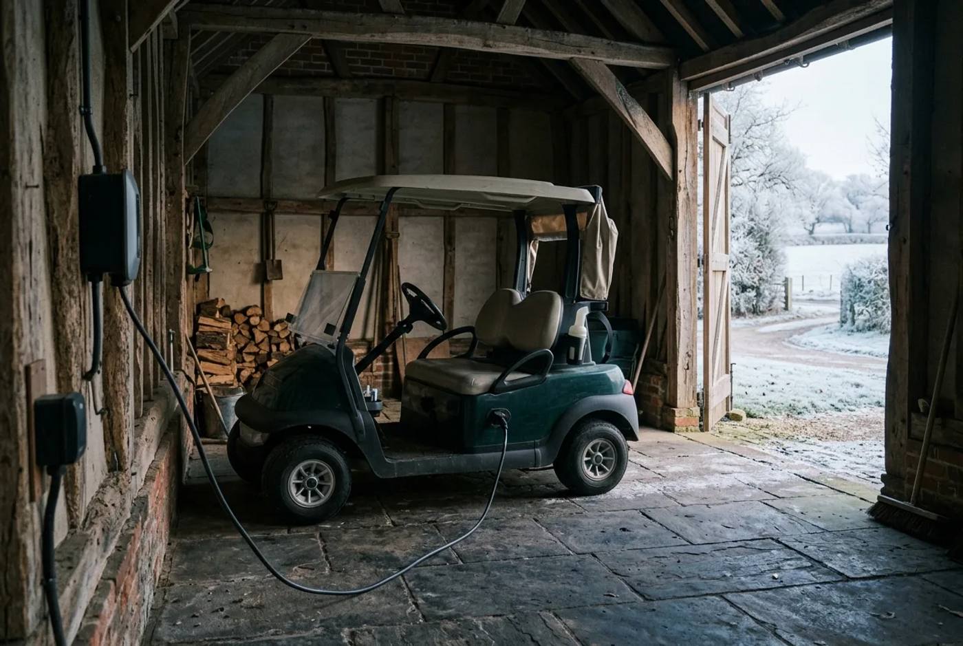 Electric golf buggy charging in a sheltered outbuilding on a frosty winter morning, charge cable connected