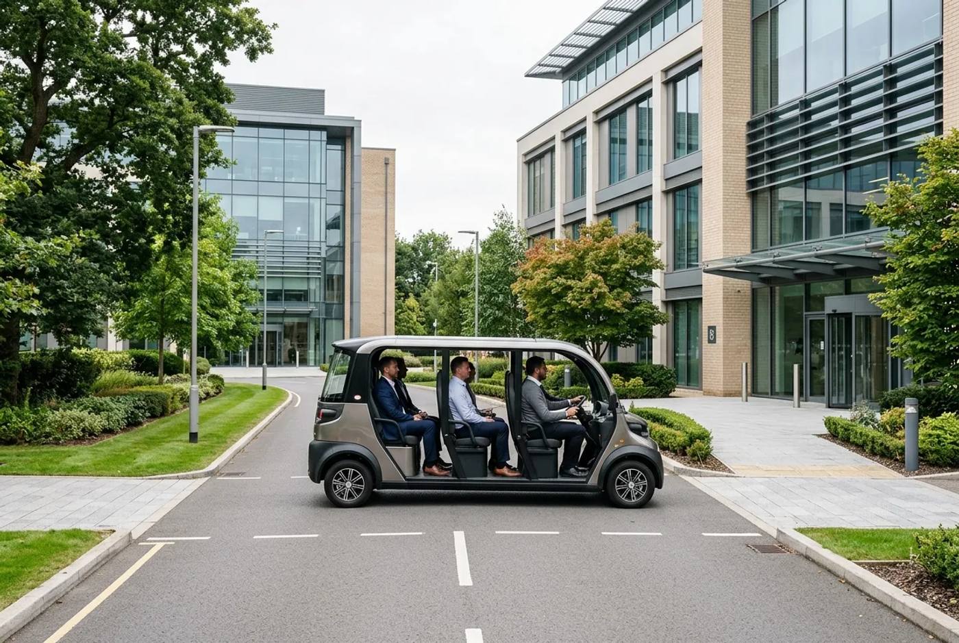 Electric shuttle buggy carrying staff along an internal road between two modern office buildings on a business park
