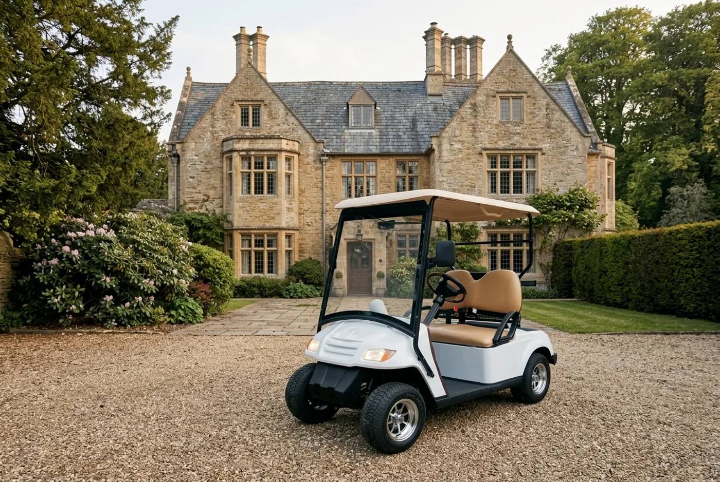 White electric estate buggy with tan seats parked beside a period country house in soft afternoon light
