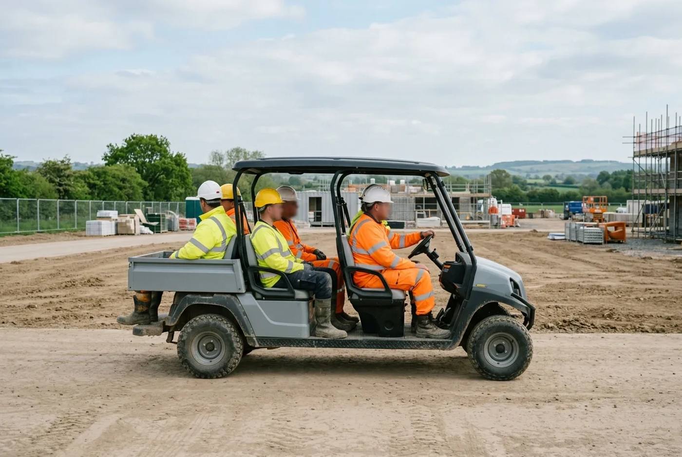 Electric utility buggy carrying site personnel in hi-vis across a large construction works