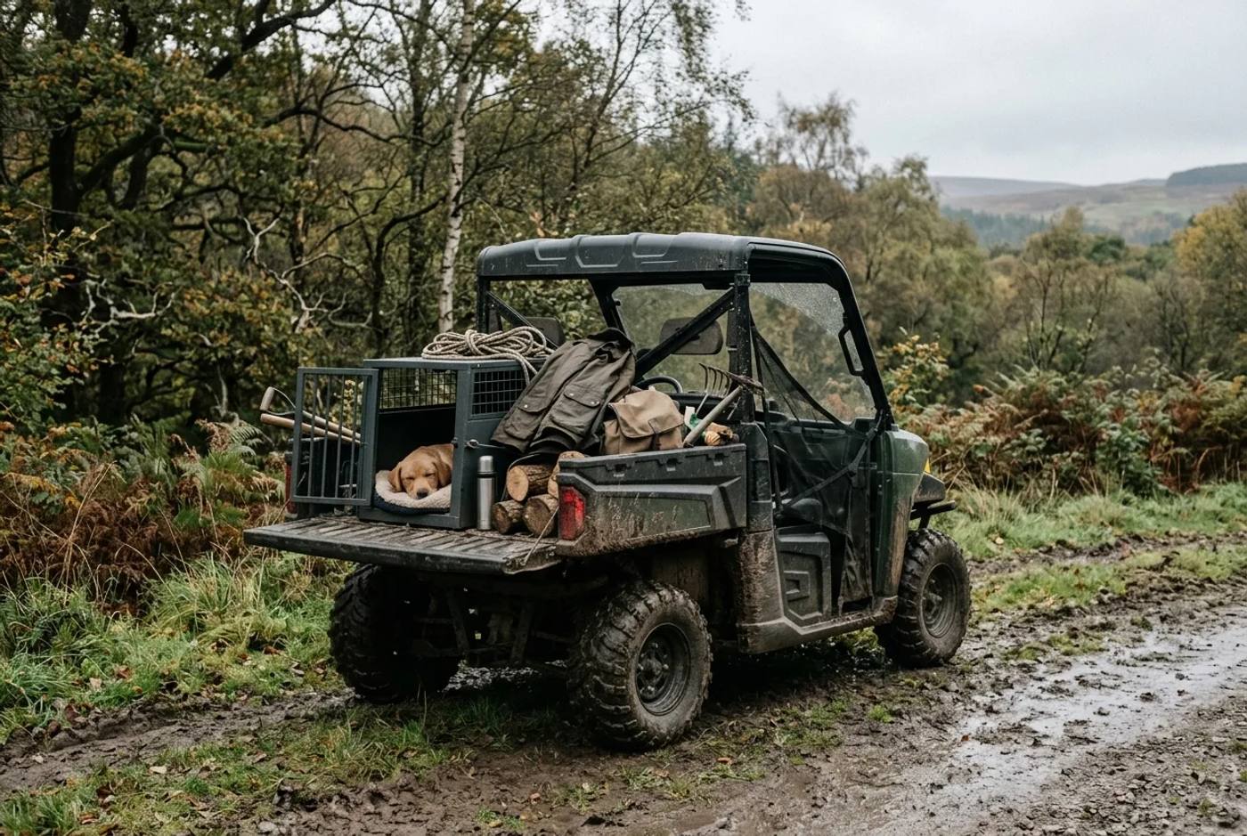 Electric utility buggy loaded with kit and a dog crate on a rough estate track in damp weather