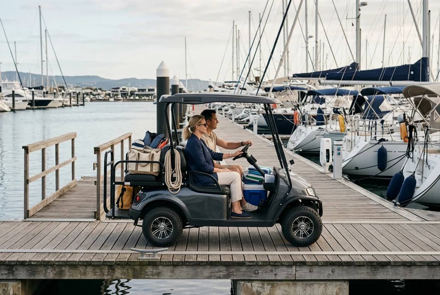 Electric marina buggy carrying owners and their boating kit along a long pontoon with moored yachts behind in soft coastal light