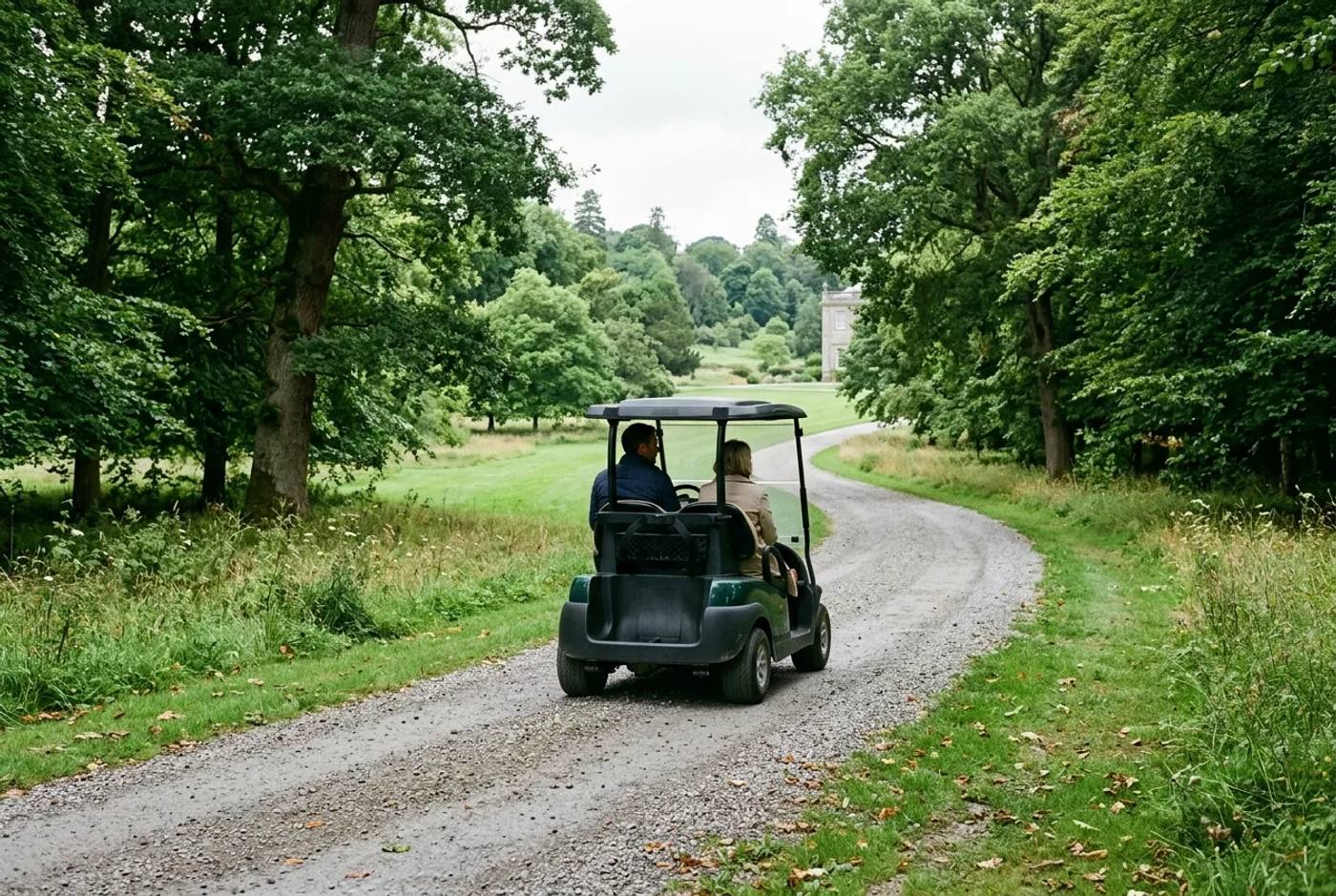 Quiet electric golf buggy on a path through green British parkland in soft natural light