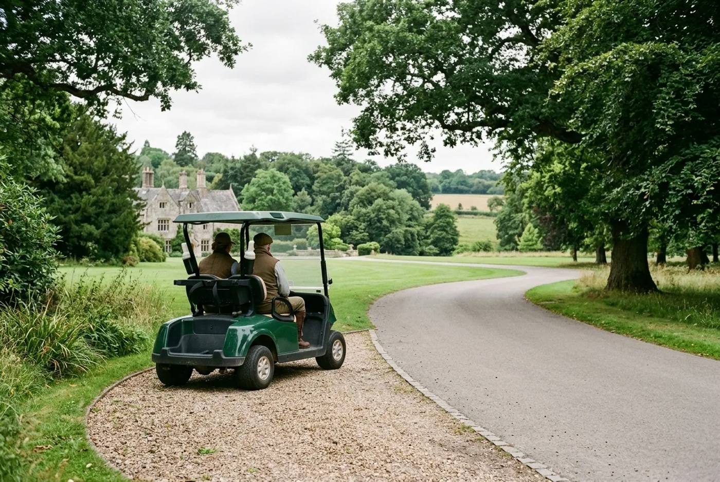 Electric golf buggy waiting to cross a private estate roadway between two grounds, no number plate