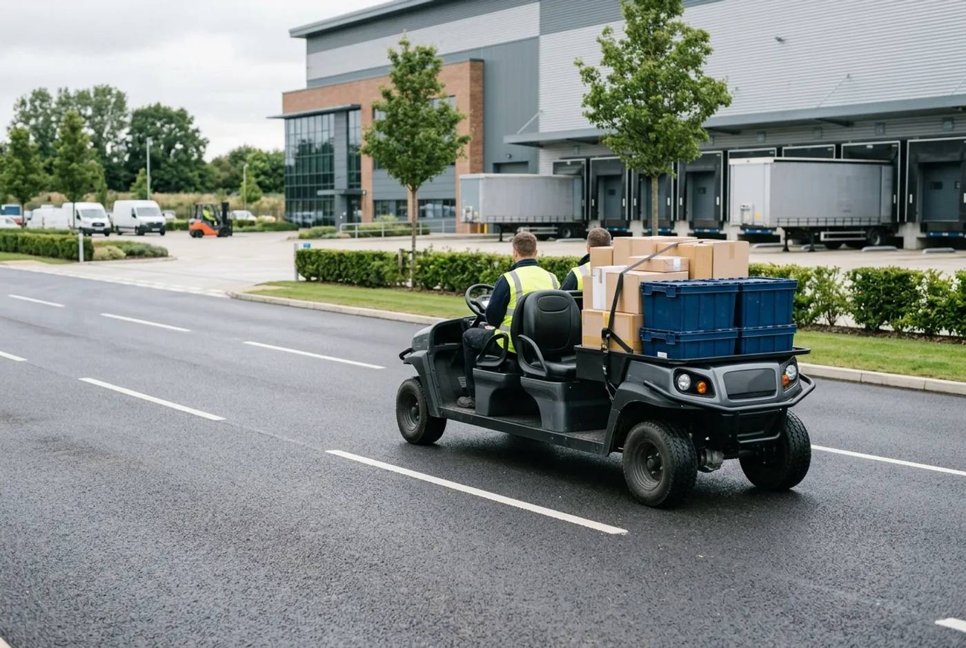 Electric utility buggy with a loaded cargo bed of parcels moving along a roadway in a logistics yard