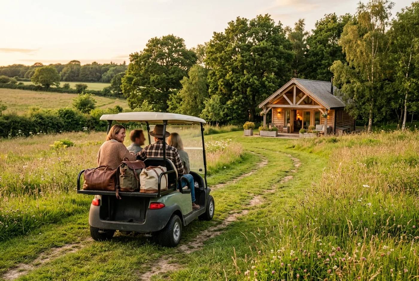 Electric glamping buggy carrying guests and their luggage along a grassy track to a luxury lodge in golden evening light