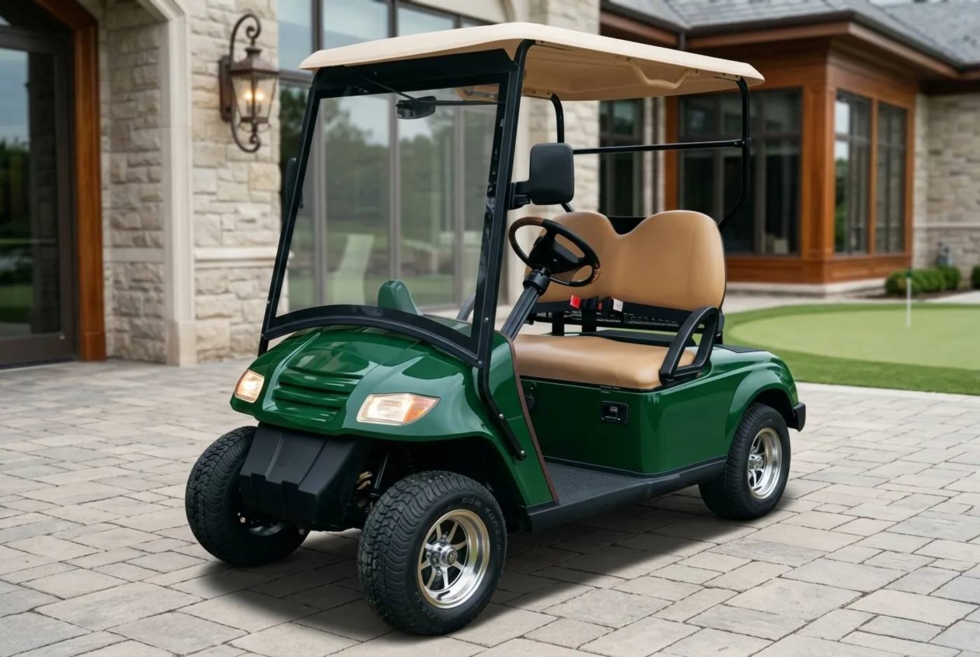 Electric cart finished in a bespoke deep-green livery outside a clubhouse