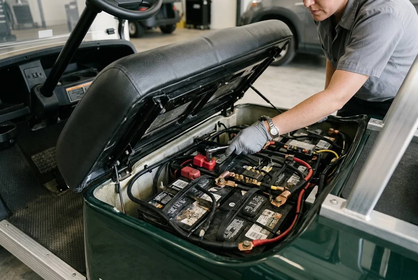 Person lifting the seat of an electric golf buggy to check the battery terminals and connections